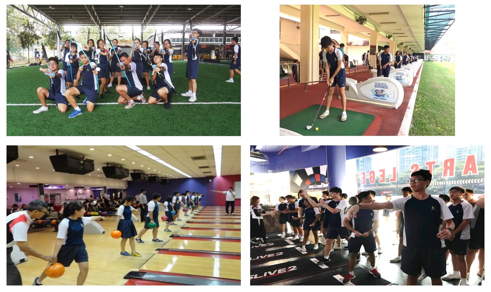 Four photos show students in uniforms doing archery, golf putting, bowling, and a group activity indoors.